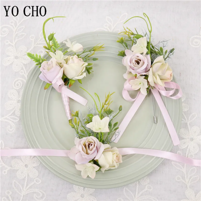 YO CHO Silk Rose Wedding Corsages and Bridal Brooches Groom Boutonniere Buttonhole Man Marriage Corsage Bracelet Flowers | Дом и сад