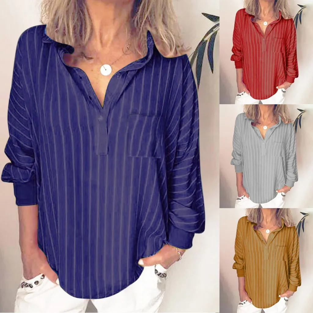 

Женская рубашка 5xl, Повседневная рубашка с воротником на пуговицах и длинным рукавом, офисный Топ 2019, блузка, свободная одежда с карманами в ...