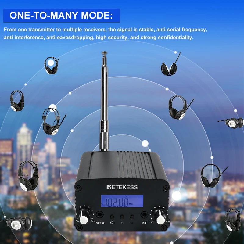 Беспроводной fm-передатчик Retekess TR509 радиостанция стерео + 10 шт. TR101 наушники для
