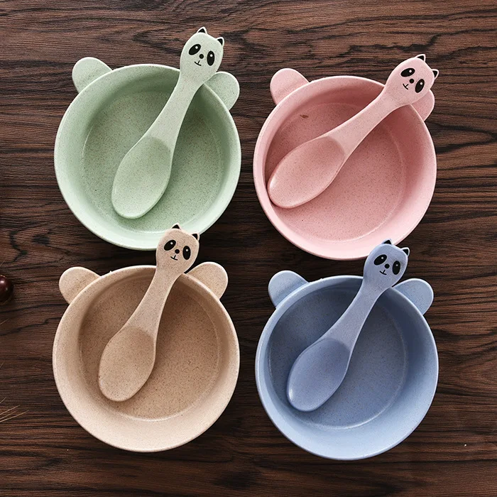 

Tableware Set, Wheat Straw Cartoon Bowl Spoon Combination, Anti Scalding and Anti Falling Microwave Oven for Children Spoon Set