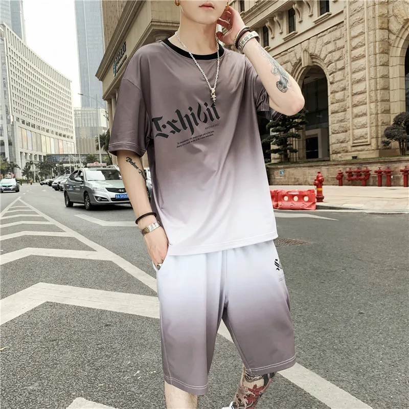 Костюм спортивный Мужской Хлопковый удобная футболка и шорты однотонный костюм