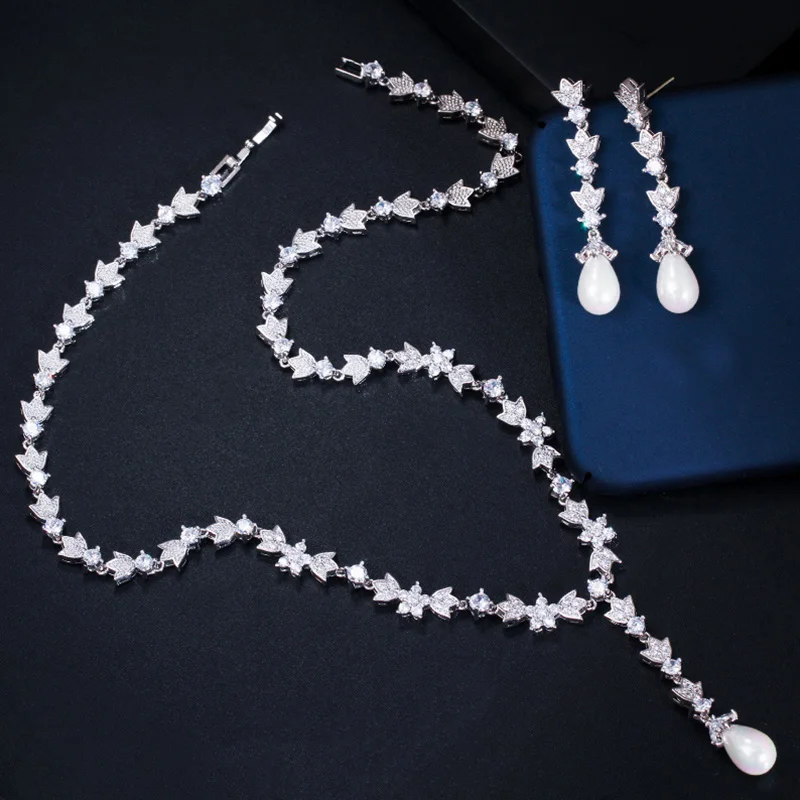 Pera Свадебные Элегантные серьги-капли с белым камнем CZ и жемчугом ожерелья