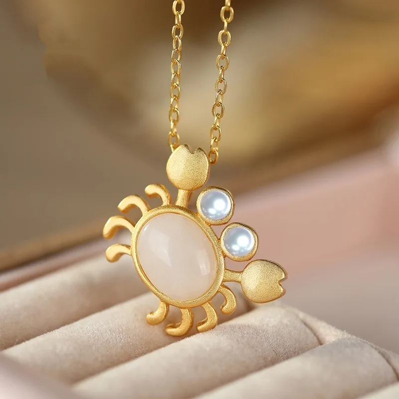 

Natural White Jade Crab Pendant Necklace 925 Silver Chalcedony Chinese Carved Charm Jewelry Pearl Fashion Amulet Men Women Gifts