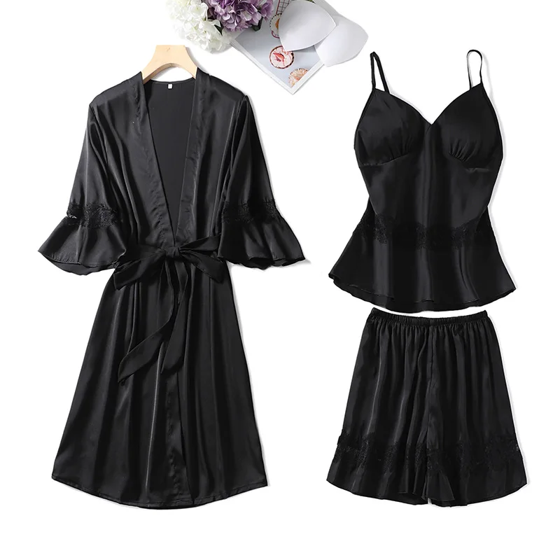 

2021 Summer New 3PCS Night Suit Women Satin Home Clothing Pajamas Suit Intimate Lingerie Half Sleeve Sleep Set Home Clothing