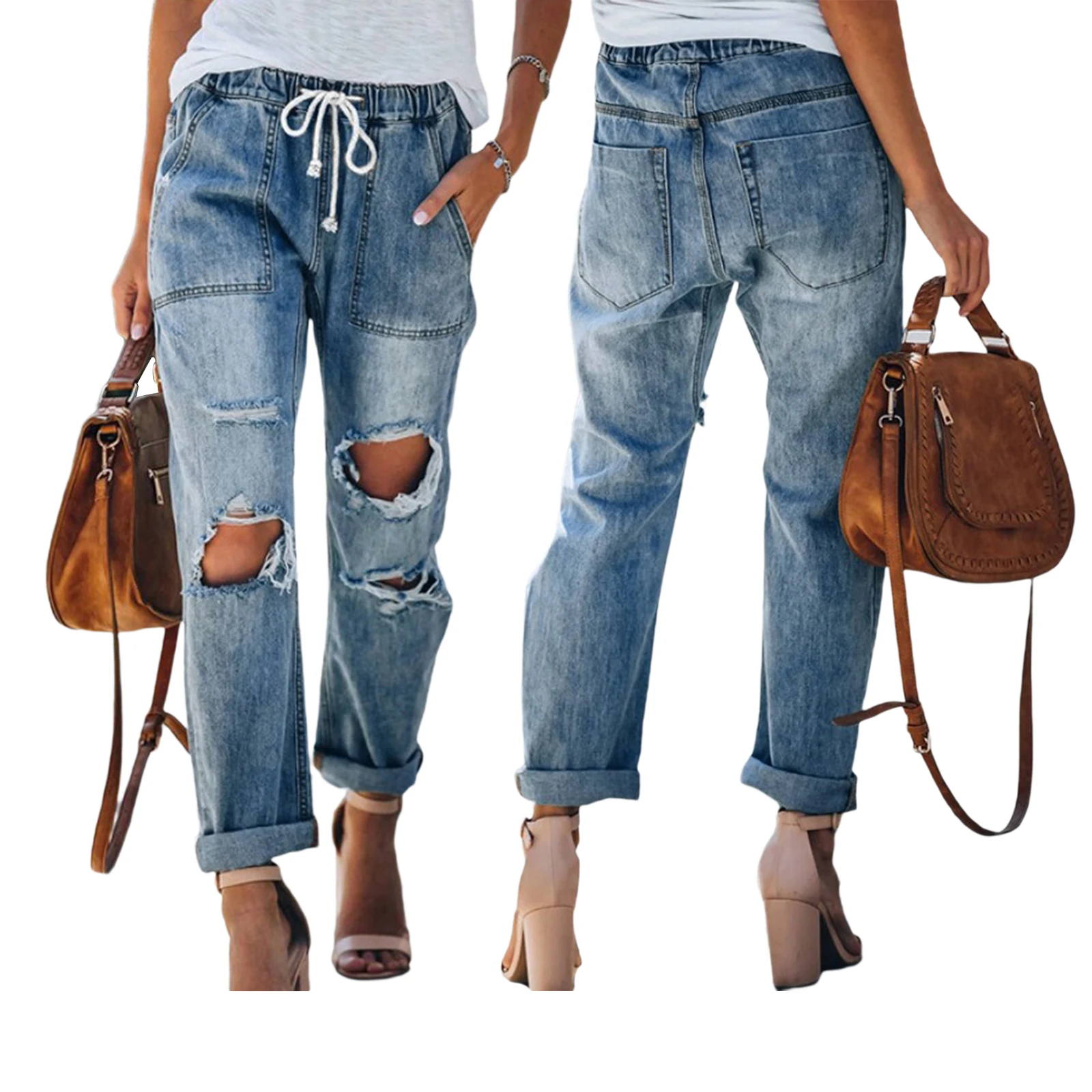 

Daily Casual Hole Jeans High Waist Straight Fitting Pants Washed Distressed Elastic Drawstring Cuff Ripped Trousers for Women