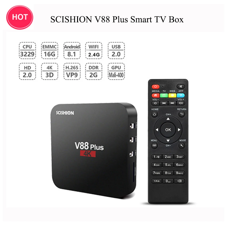 SCISHION V88 плюс Смарт ТВ приставка Android 8,1 RK3229 Четырехъядерный 4K android ТВ приставка 2 ГБ/16 ГБ Miracast DLNA WiFi LAN HD медиа-бокс