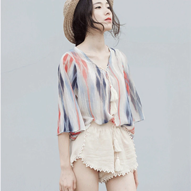 Женская шифоновая блузка Новая Повседневное v образным вырезом шифон оборки