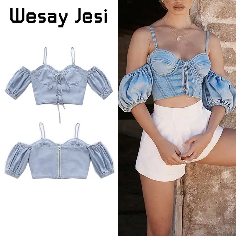 Винтажные Женские топы и блузки 2020 модные пикантные джинсовые с открытыми