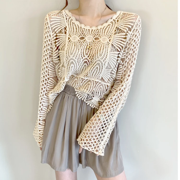 Новинка 2020 осень · абрикосовые кружевные блузки женские рубашки шикарная