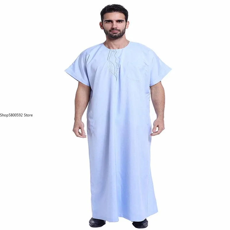 Muslim Clothing Fashion Men Robe Kaftan Accessories Embroidering Plus Size Abaya Islamic Formal Broadcloth Short Sleeve Black