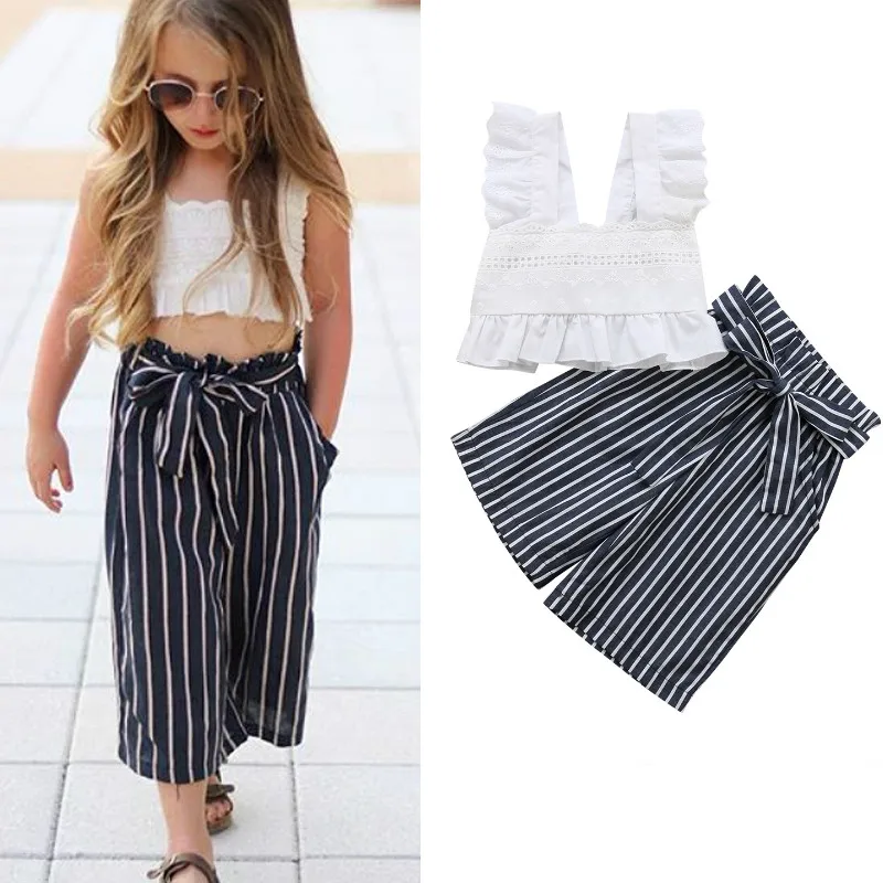 Летний комплект из 2 предметов для маленьких девочек кружевная футболка с