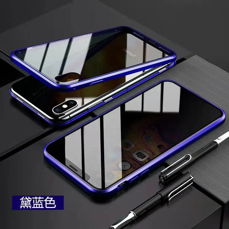 Blue Двусторонний Магнитный чехол для IPhone XS MAX XR X 8 7 Plus, чехол, не скользящий, чехол из закаленного стекла для телефона, магнит, полное покрытие - Цвет: Blue