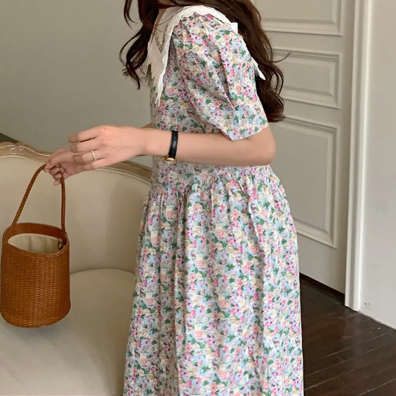 

2021 Summer New Fashion Female Short Sleeve Vintage Midi Dress Print Lace Peter Pan Collar Boho Dress Casual Holiday Vestidos