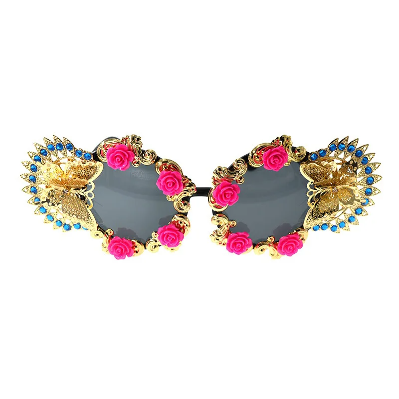 

Personality Women Flowers Retro Cat Eye Sunglasses for Ladies Brand Designer Sunglasses Metal Butterfly Custom Sunglasses