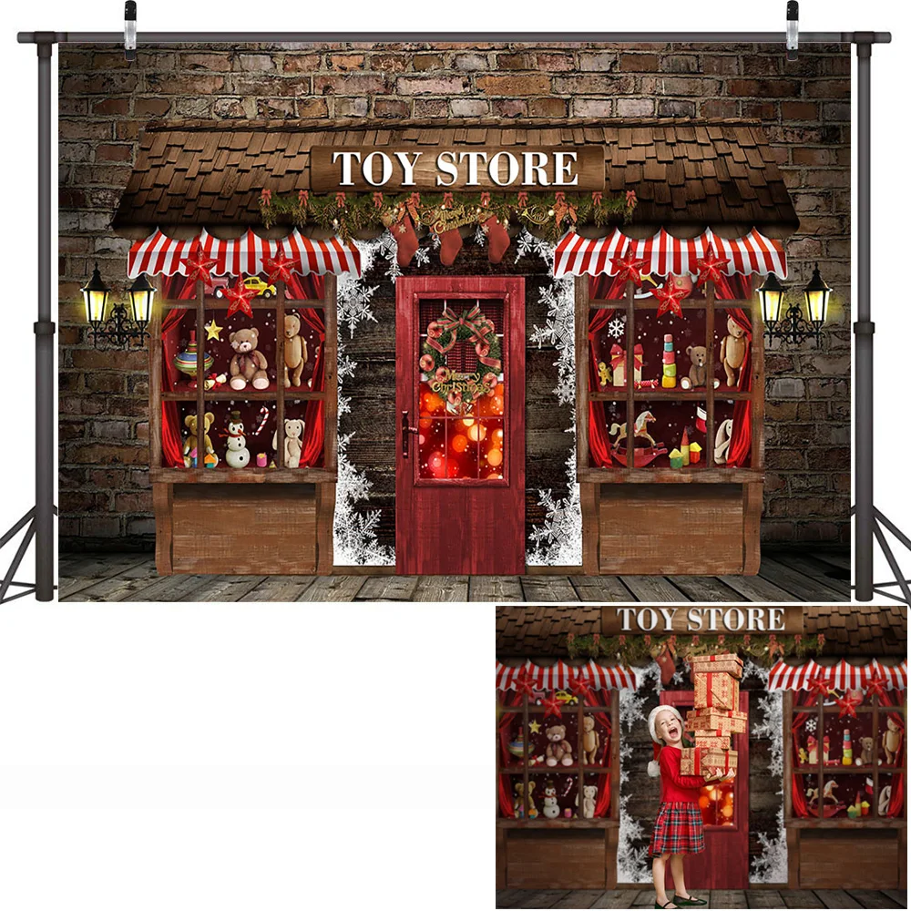 Christmas Toy Store Backdrop Retro Gingerbread House Photography Xmas Room Portrait Background Photo Studio Winter Street Snow |