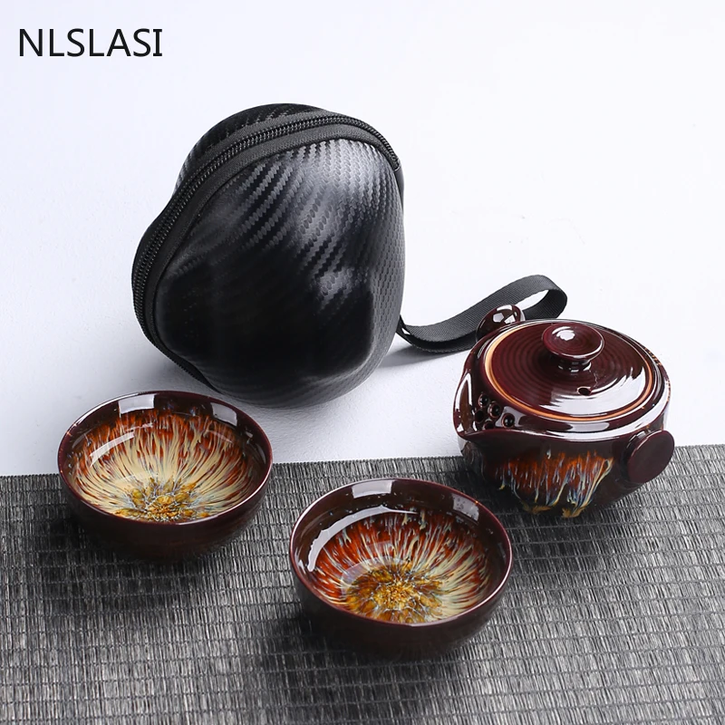 

4 Pcs/set Traditional Kiln Change Ceramics Tea Set with Storage Bag Portable Travel Teapot Set Outdoor Drinkware Home Teaware