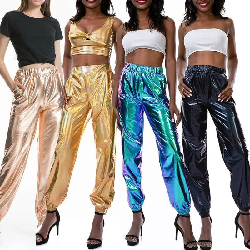 

Women's Shiny Pants Casual High Waist Trouser Plus Size S-XXL