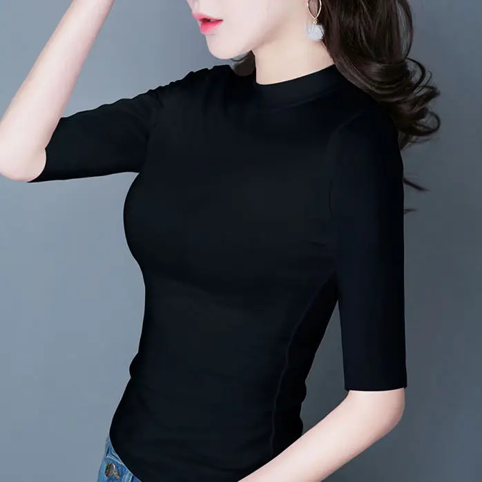 Футболка женская с высоким воротом облегающий белый топ коротким рукавом