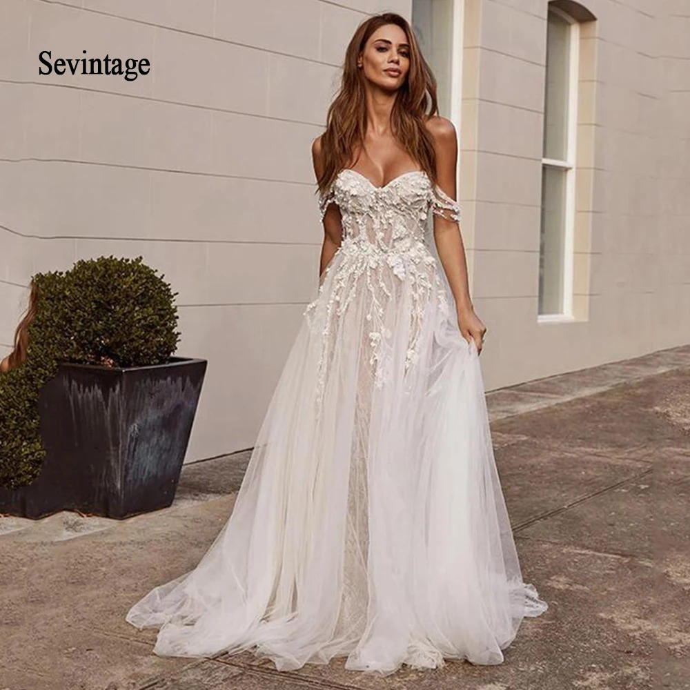 Sevintage кружевные свадебные платья в богемном стиле с открытыми плечами аппликация