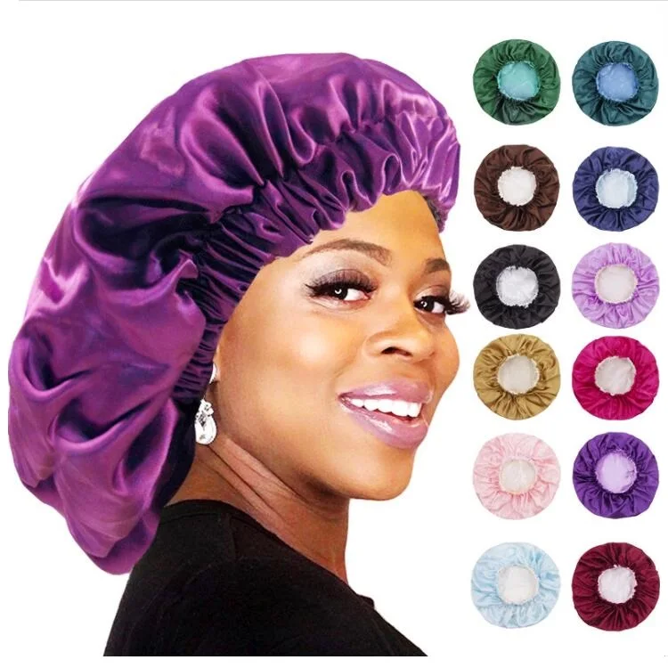 Reversible Silky Satin Bonnet Double Layer Sleep Night Cap Head Cover Bonnet Hat For For Curly Springy Hair Black