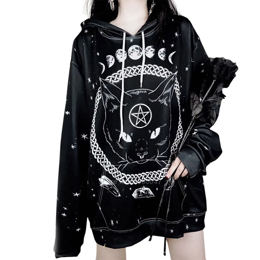 

Gothic Hooded Hoodies for Women Gypsy Girls Black Thin Sweatshirt Pullover Steampunk Medieval Costumes Pentagram Cat Print Tops