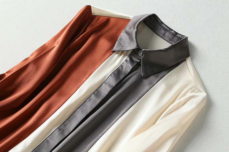 

European and American women's dresses for spring 2021 Long sleeve lapels contrast color Fashion silk shirt