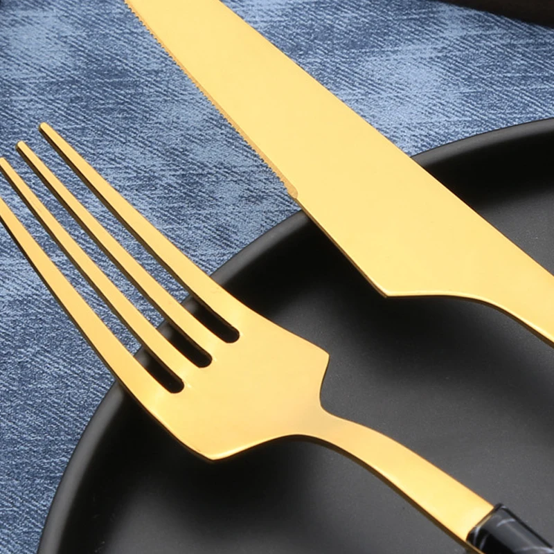 

Kitchen Tableware Small Waist Imitation Wooden Handle Stainless Steel Cutlery Western Style Black Gold Steak Knife Fork Spoon