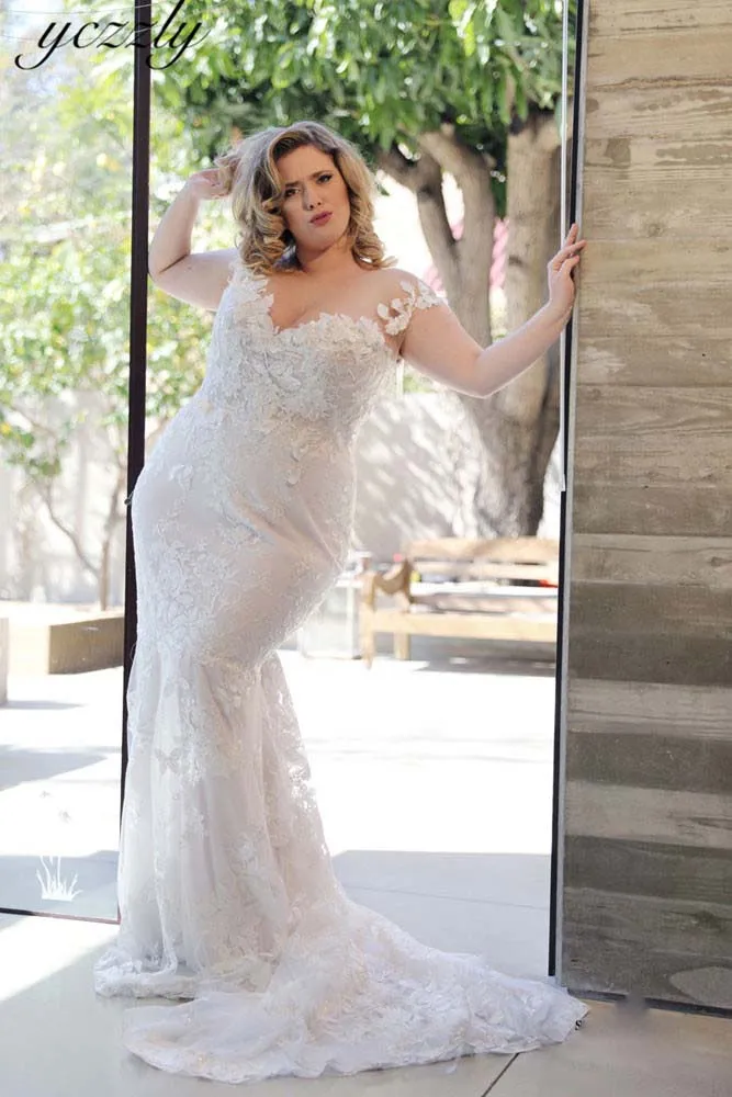 

Yczzly Plus Size Bridal Gown Elegant O-neck Lace Appliques Mermaid Wedding Dress With Sleeves Court Train Robe De Mariee W123