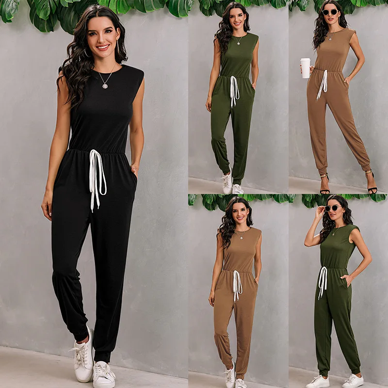 

Fashion Women Summer Jumpsuit Solid Color O-Neck Sleeveless Bodysuit Drawstring Elastic Waist Playsuit Lady Playsuit Streetwear