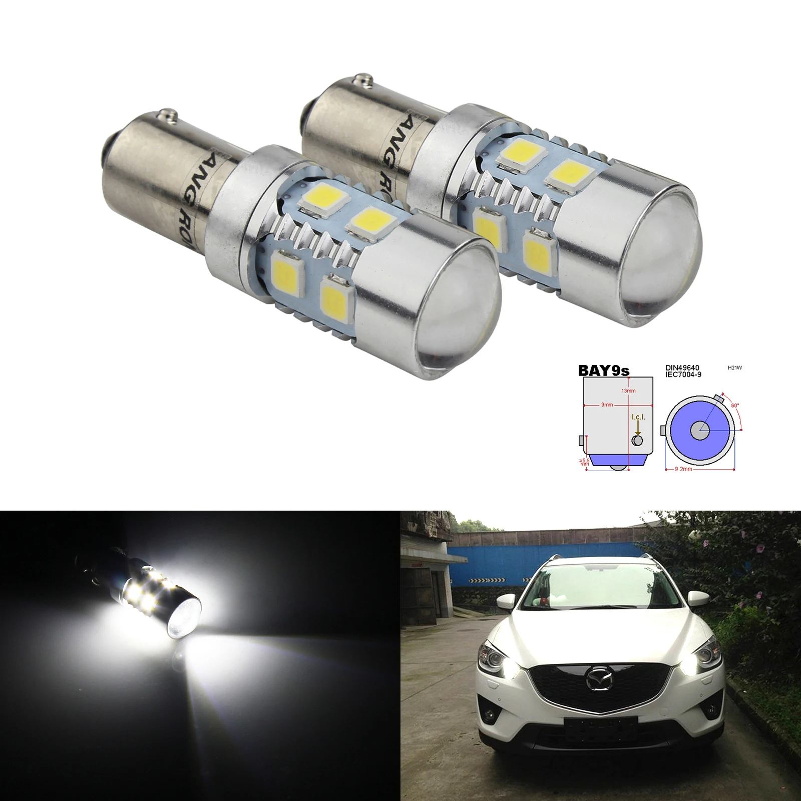 

ANGRONG 2x435 H21W BAY9s 10W Светодиодный фонарь заднего хода, индикатор паркосветильник, лампочка белого света