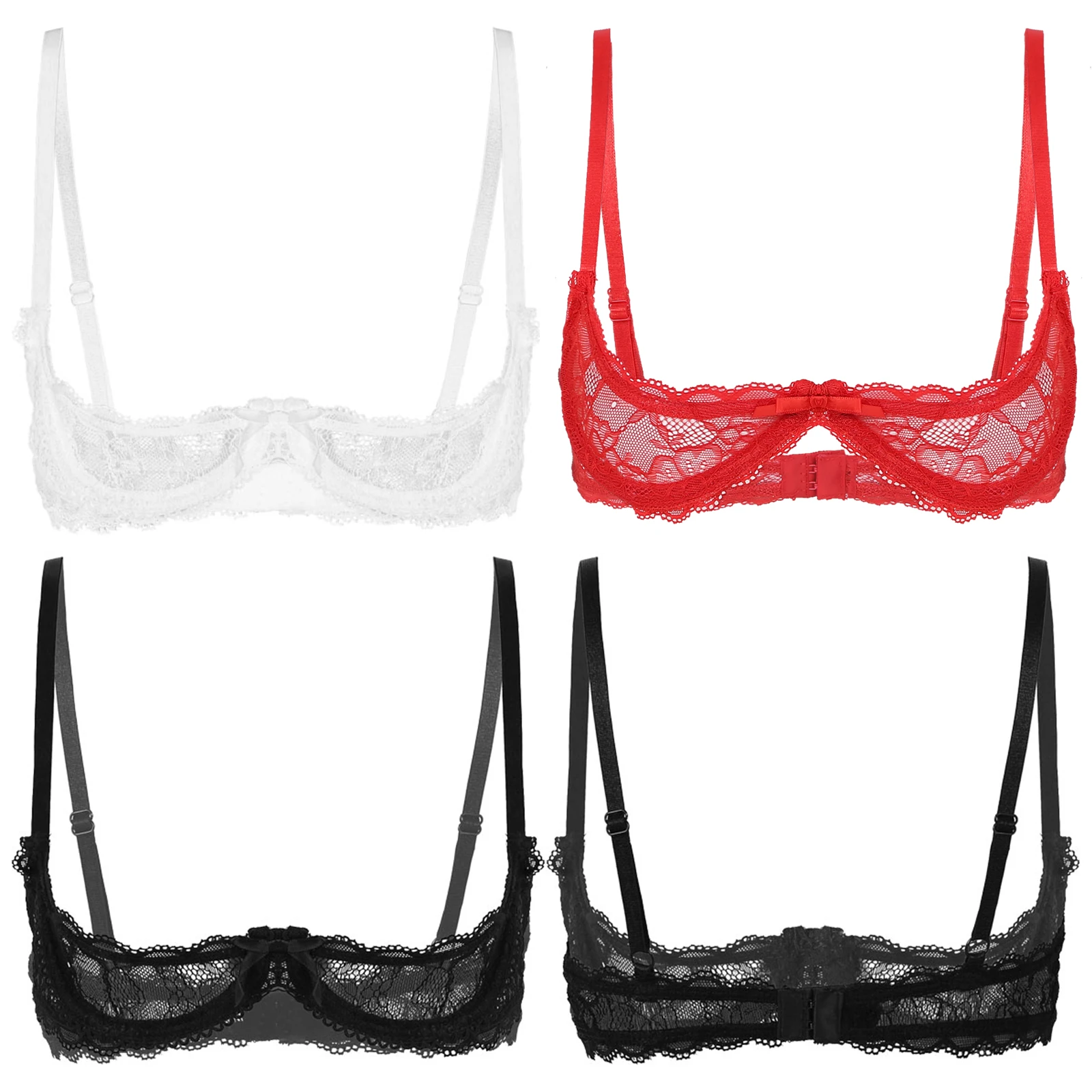 

#S-4XL Women See Through Sheer Lace Bras Adjustable Straps 1/4 Cups Lingerie Underwire Tops Exotic Costume