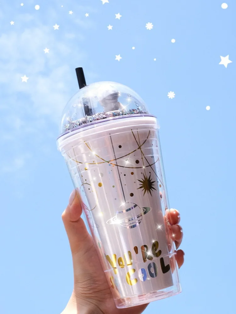 

Double Layer Straw Cup,Plastic Cups with Straw and Lids, Heat Insulated Plastic Bottle Water Cup for Household Office,BPA Free