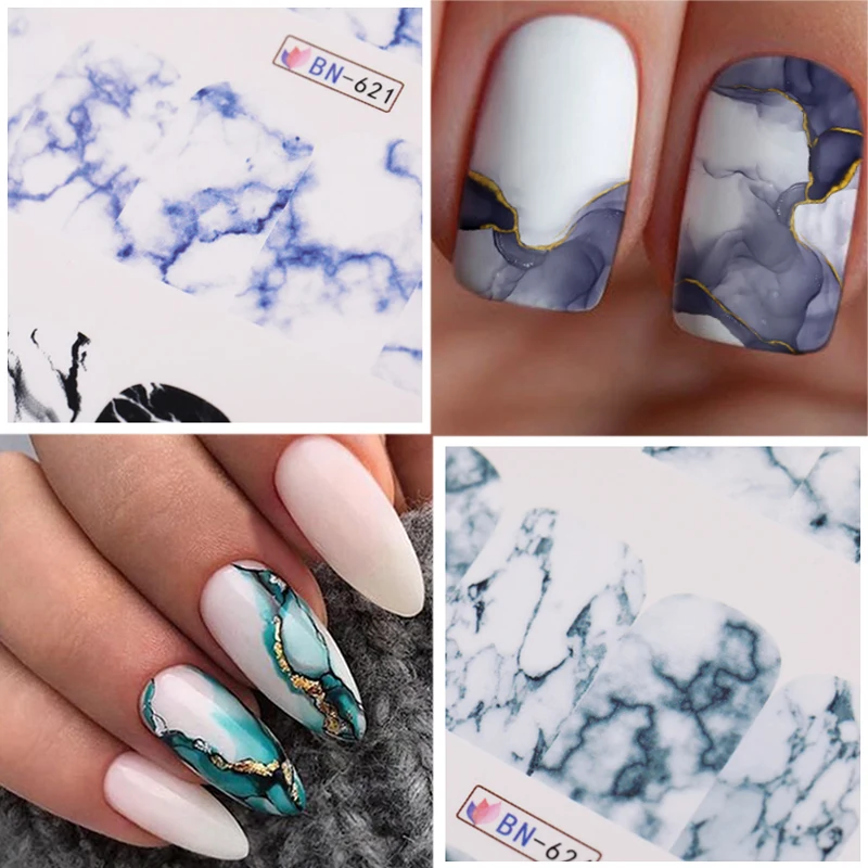 12pcs Gradient Marble Water Nail Stickers Flower Letter Leopard Cartoons Sliders For Nails Transfer Decals Decoration | Красота и