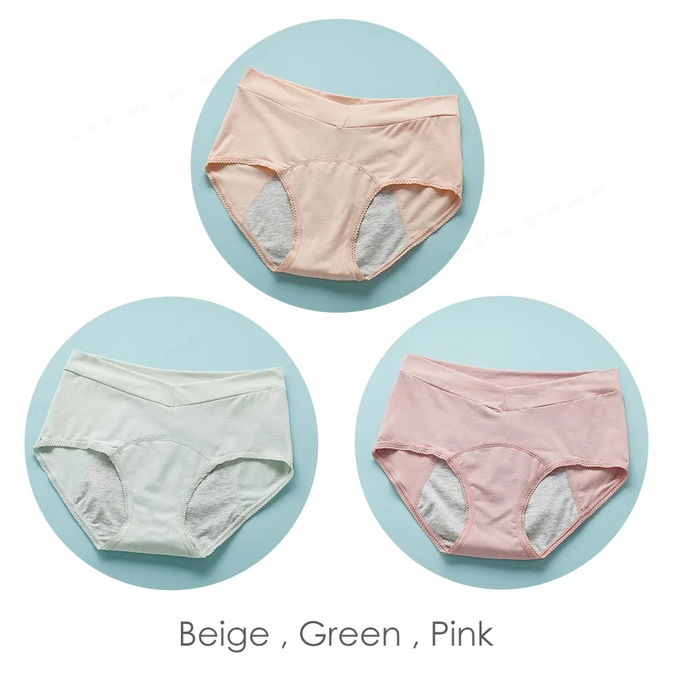 Beige Green Pink ROSI женское менструальное нижнее белье хлопок Комфорт высокая талия непроницаемые шорты трусики женские нижнее белье бренд трусы 3 шт - Цвет: Beige Green Pink