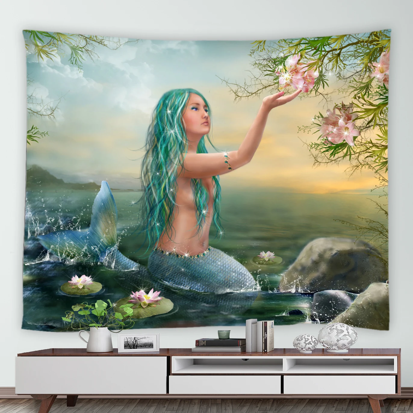 

Sexy Green Hair Mermaid Tapestry Pink Flowers Sea Animal Fish Tapestries Natural Landscape Wall Hanging Home Dorm Decor Blanket