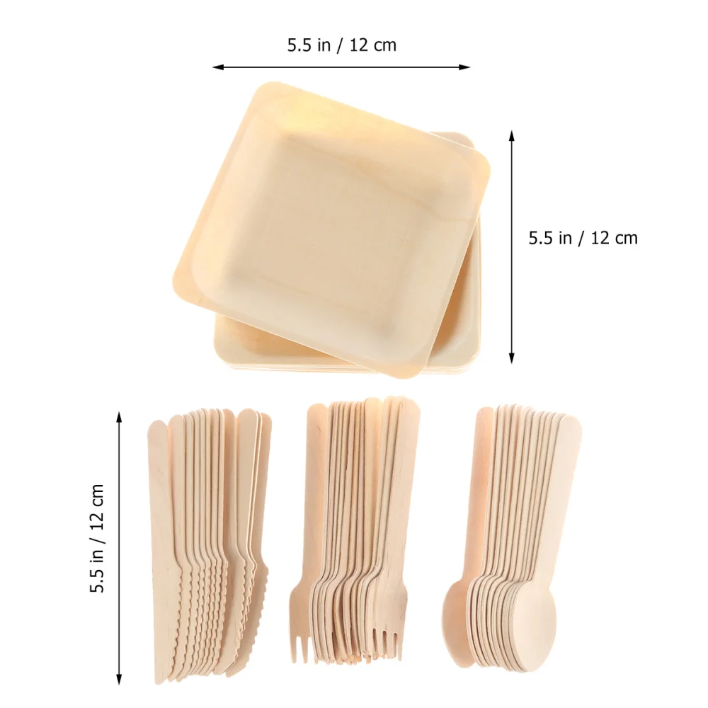 

48pcs Disposable Cutlery Set Biodegradable Wooden Dinner Utensils Salad Dessert Plates Spoons Forks Knives Party Supplies