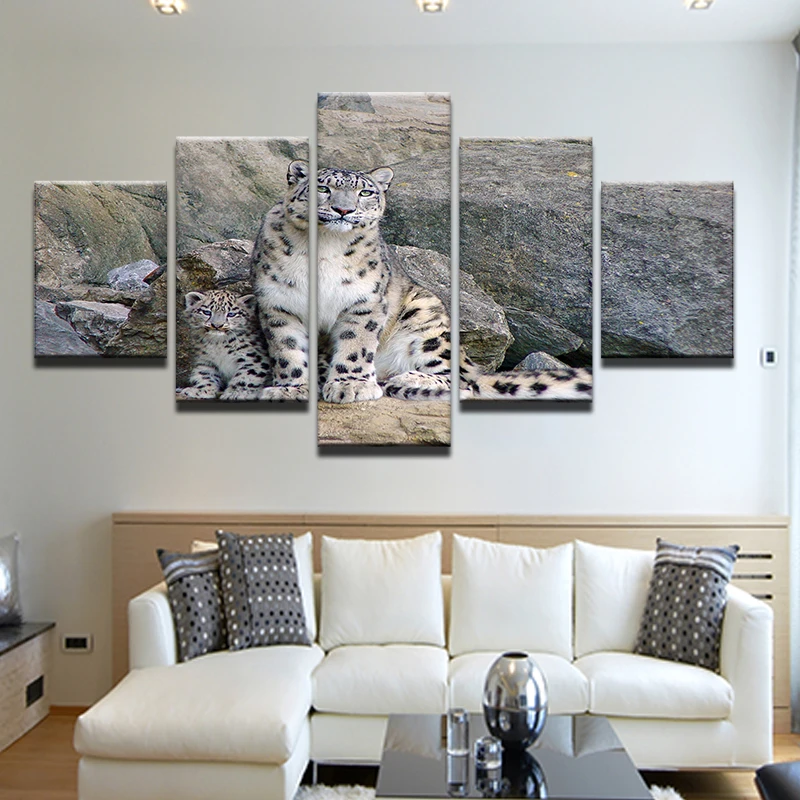 5 шт. настенная живопись в форме снежного барса сидят на песке и Back To камни Печать