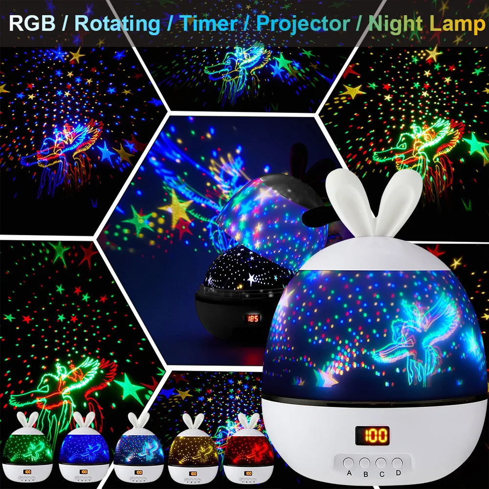Timer Galaxy Night Light USB LED Stars Projector Light Rabbit Lamp Kids Bedroom Decor Pegasus Rotating Projector Night Lights