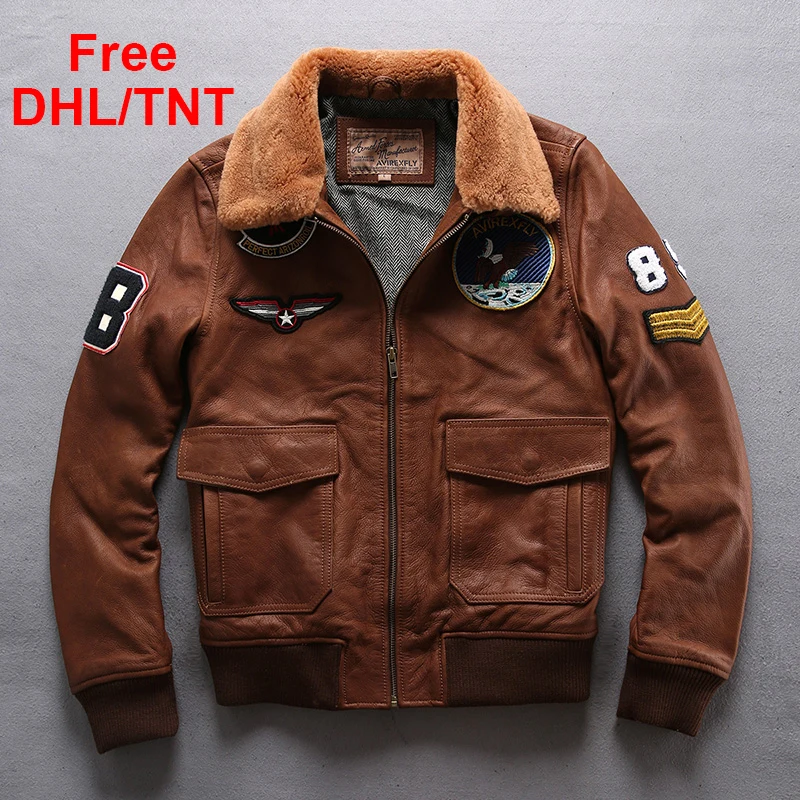 

Мужская летная куртка из овечьей шкуры, винтажная мотоциклетная куртка с меховым воротником, теплая куртка-бомбер, Бесплатная доставка DHL/TNT