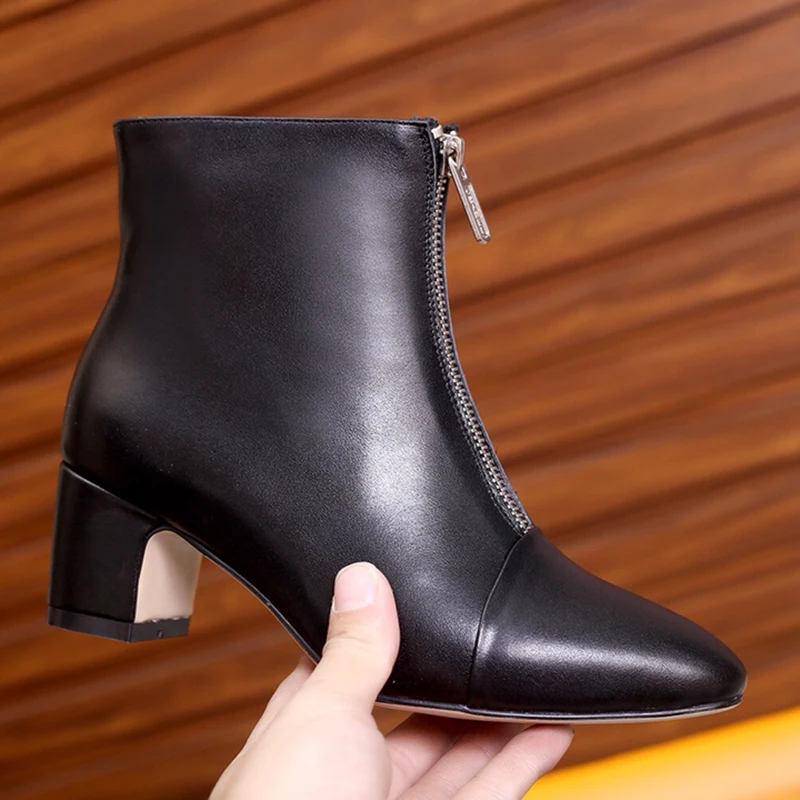 

2021 new women's shoes fashion leather boots slope heel pointed front zipper winter Martin boots high heel short boots