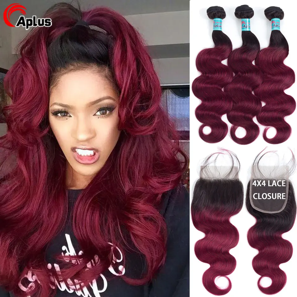Ombre Burgundy Bundles With Closure Pre Colored 99J Bundles With Closure Body Wave Honey Blonde Human Hair Weave Brazilian Remy
