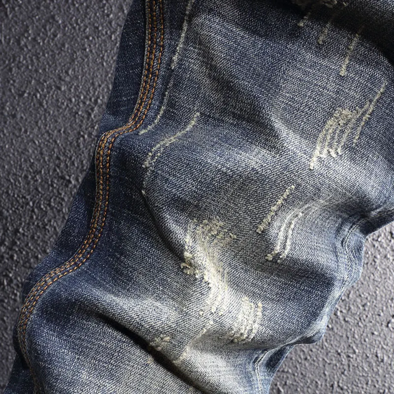 European Vintage Fashion Men Jeans Retro Blue Elastic Slim Fit Ripped Jeans Men Distressed Frayed Hole Casual Cotton Denim Pants