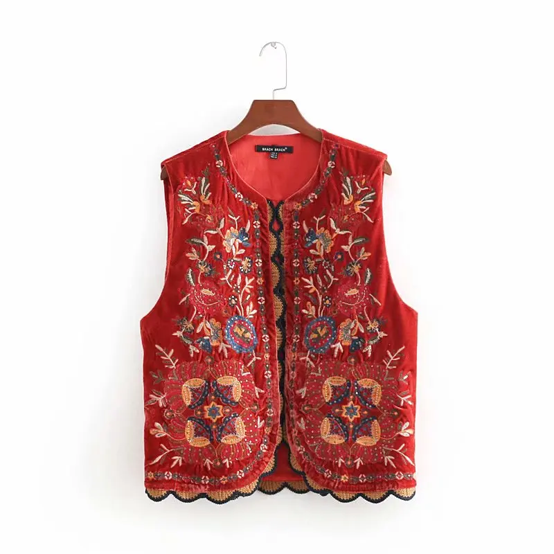 2022 Women Vintage sequins flower embroidery vest jacket ladies retro national style patchwork casual velvet waist Coat dropship