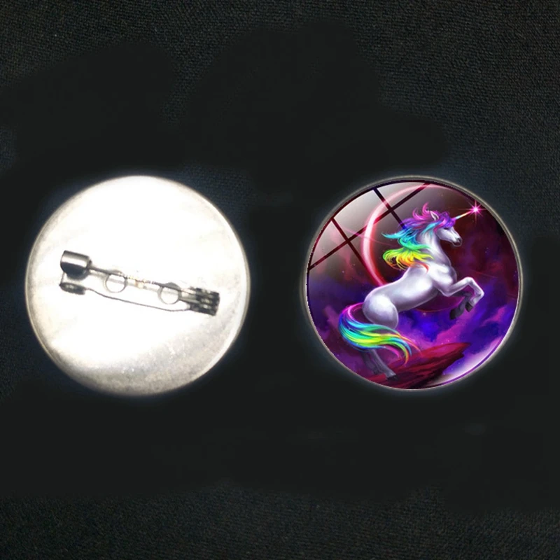 

2019/ New Stainless Steel Cartoon Personality Unicorn Explosion Brooch Glass Convex Round Pin Brooch Badge Gift