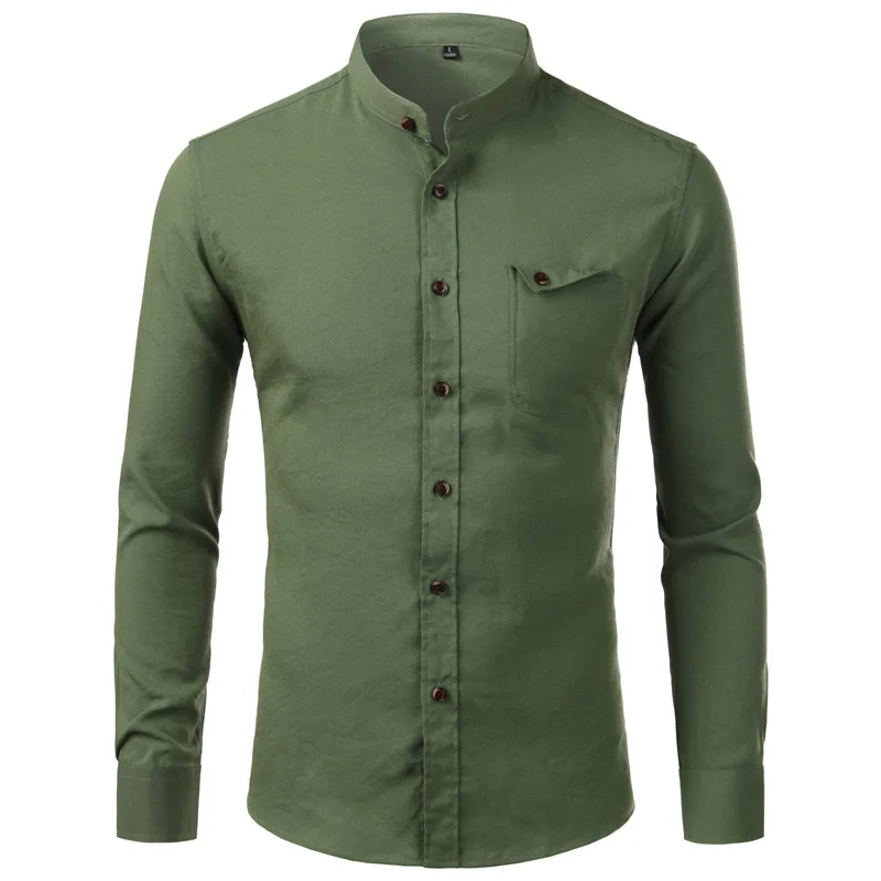 Рубашка мужская с воротником стойкой эластичная сорочка на пуговицах карманами