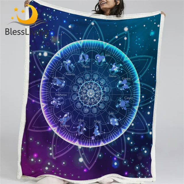 BlessLiving Zodiac Blanket Lotus Mandala Sherpa Fleece Blanket Bling Glitter Galaxy Couch manta 150x200 Astrology Bedding 1