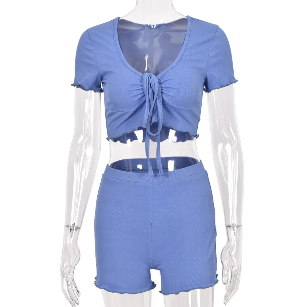 

Womens Two Piece Set Blue Top and Shorts 2 Piece Set Women Summer Sexy Womens New Arrival 2021 Outfits Short Two Piece Outfits