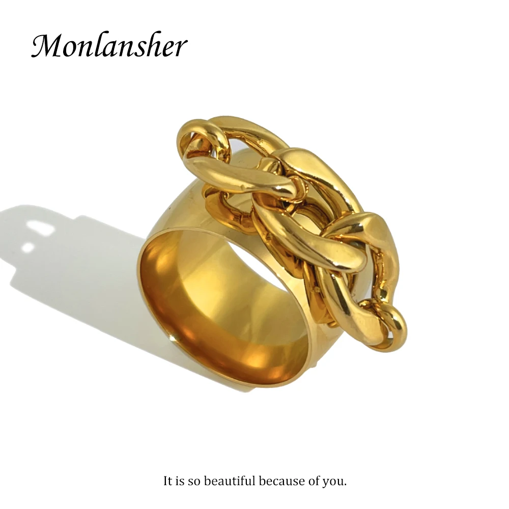 

Monlansher Stainless Steel Glossy Chain Texture Ring Gold Color 18 K PVD Plated Geometric Ring Statement Rings Jewelry for Women