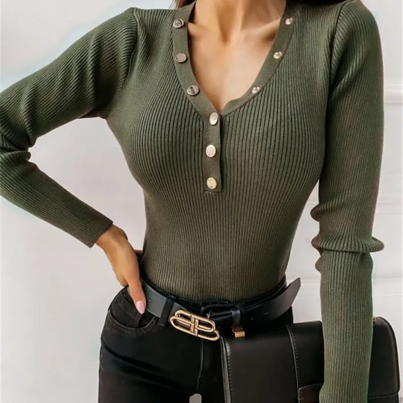

Autumn Fashion Knitted Women T-shirts 2020 Casual Elegant V-neck Slim Tops Plus Size 3XL