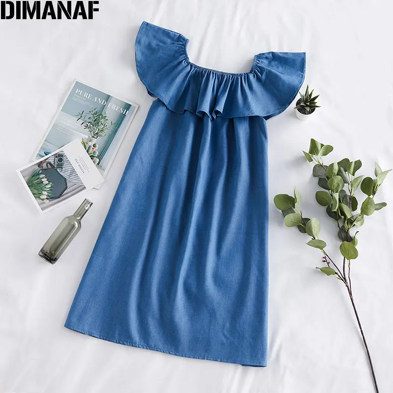 Женское джинсовое платье с оборками DIMANAF винтажное свободное из синей джинсовой